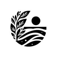 Black and white minimalist featuring foliage, sun, and water waves within a circular composition. vector