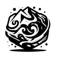 Abstract geometric mountain with wave swirl elements, black white design, dots, isolated on white. vector