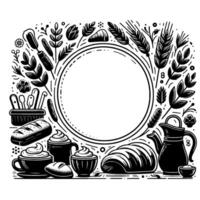 Intricate monochrome illustration of bakery items, framed by floral and botanical elements around a blank circular space. vector