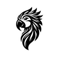 A stylized, minimalist black and white illustration of a parrot head with a detailed feather and a clean, solid background. vector