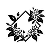Floral diamond frame a monochromatic botanical illustration featuring stylized flowers, leaves, and buds, arranged within a geometric, rhombusshaped outline on a clean white background. vector