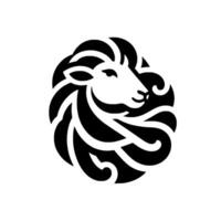 Stylized black and white sheep head with ornamental curly wool, side profile, clean lines, isolated. vector