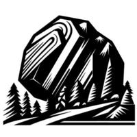 Bold black and white mountain landscape with stylized trees and abstract elements, geometric illustration. vector