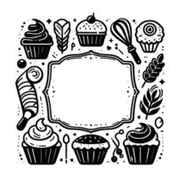Black and white baking illustration cupcakes, whisk, and culinary elements framing a blank center vector