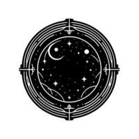 Celestial emblem black and white circular featuring a crescent moon, stars, and decorative frame. vector