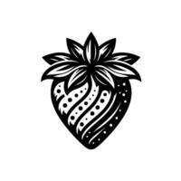 Stylized black and white strawberry with leafy calyx and decorative dots, isolated on white. vector