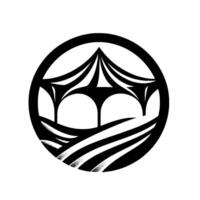 Black and white circular logo abstracted pavilion with arches, tentlike roof, and wavy landscape, representing an event space. vector