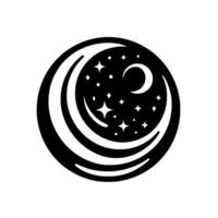 A monochromatic celestial logo, featuring a crescent moon embraced by a circular design, set against a starry night sky. vector