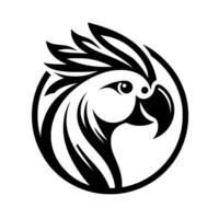 Stylized black and white parrot in circle, profile portrait, crest and curved neck, simple illustration vector