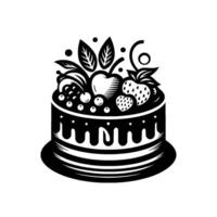 Monochromatic cake illustration, adorned with fruit and dripping chocolate frosting, set against a stark white backdrop. vector