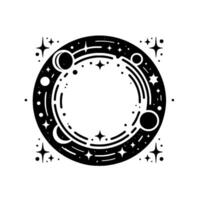 Black and white cosmic featuring a circular arrangement of planets, moons, stars, and celestial lines, representing the universe. vector