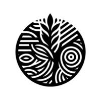Abstract black and white circular featuring a treelike element and geometric patterns, symbolizing harmony and growth. vector