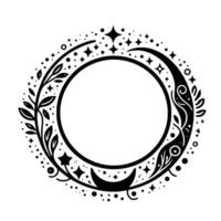 Circular black and white celestial frame with moons, stars, and floral elements. elegant, symmetrical design, perfect for decoration. vector