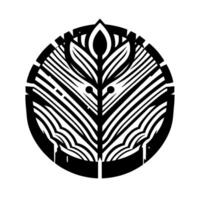 Stylized black and white botanical emblem in a circular frame, minimalist design, symmetrical leaf motif on a white background. vector