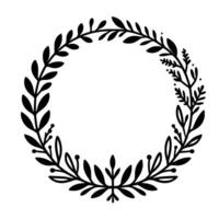 Black and white botanical wreath illustration featuring stylized leaves and branches arranged in a circular frame on a white background. vector