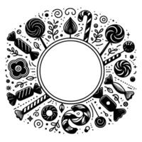 Monochrome candy sweets frame circular illustration of treats, lollipops, caramels, and ornamentation around a blank circle. vector