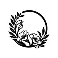 Monochromatic floral crest of stylized flowers and leaves framing an empty circle on a clean white background. vector