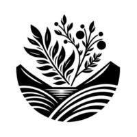 Black and white stylized illustration of a flourishing plant with fruit and leaves, nestled between two mountain forms, over a field. vector