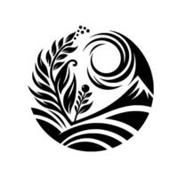 Black and white circular emblem featuring stylized plants, mountains, and celestial elements, evoking a naturalistic and serene aesthetic. vector