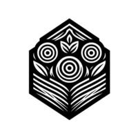 Geometric black and white floral emblem featuring concentric circle flowers and leaf accents within a hexagon shape. vector
