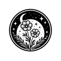 Celestial floral emblem two daisies bloom beneath a crescent moon and starry night sky, encompassed in a circular black and white design. vector