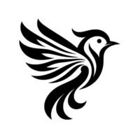 A stylized, black and white featuring a bird in flight with elegant, curved lines and a minimalist aesthetic against a white background. vector