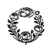 Elegant black and white floral wreath, composed of ranunculus flowers and foliage, forming a circular with open center. vector
