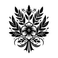 Elegant black and white floral design symmetrical bouquet with detailed flower, leaves, and ribbon elements. vector