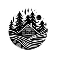 Black and white stylized illustration of a cabin in the woods within an oval frame, featuring trees, rolling hills, and a sun or moon. vector