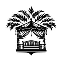 Elegant black and white gazebo silhouette illustration with palm fronds, draped curtains, and serene bench on a white backdrop. vector
