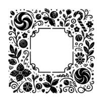 Black and white decorative floral and sweet elements frame with square center, minimalist style, artistic composition. vector