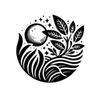 Black and white minimalist circular featuring a crescent moon, stars, stylized waves, and leafy plant elements within a simple composition. vector