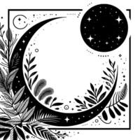 Intricate black and white celestial illustration featuring a crescent moon with botanical embellishments, stars, and a starry circle within a square frame. vector