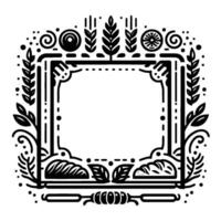 Minimalist black and white decorative border illustration with ornate frame, leafy elements, and a rustic, artsy aesthetic. vector