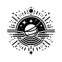 Illustration of an abstract celestial scene with planets, stars, and radiating energy in a minimalist black and white style vector