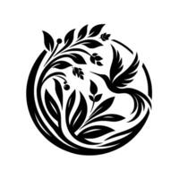 Intricate black and white circular featuring a stylized hummingbird, intertwined with lush leaves, and berries, suggesting nature and elegance. vector