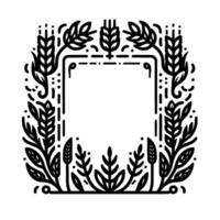 Stylized black and white botanical border with wheat and leaves around a square central frame, perfect for text placement. vector