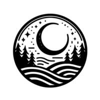 Black and white minimalist circular design, a serene night scene of a crescent moon, starry sky, and a forest landscape. vector