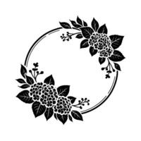 Elegant black and white floral wreath featuring hydrangeas, leaves, and berries inside a double circular frame, isolated on white. vector