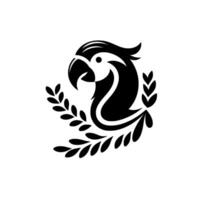 Elegant black and white featuring a stylized parrot head with curving design, adorned with laurel branches, conveying sophistication and simplicity. vector