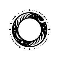 Celestial crescent moon and stars design, black and white circular frame with emptiness, mystical decorative elements. vector