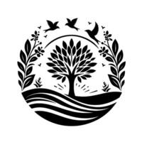 Circular minimalist black and white illustration a central tree, birds flying above, framed by foliage and layered landscape. vector