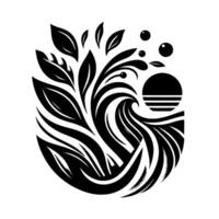 A minimalist black and white illustration portraying an abstract floral wave with leaves, bubbles, and a stylized sun. vector