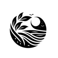 Black and white circular composition depicting nature scene with leafy branch, moon, birds, and waves vector