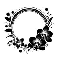 Elegant black and white floral circle frame illustration featuring orchids and decorative elements, perfect for invitations. vector