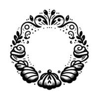 Intricate black and white ornamental floral wreath with leafy sprigs, swirls, and shelllike elements, circular frame design. vector