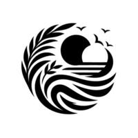 Black and white minimalist stylized illustration of a sunset over the ocean, incorporating foliage and birds within a circular design. vector
