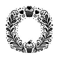 Whimsical black and white circular floral wreath with cupcakes, hearts, and stylized leaves, perfect for a greeting card or invitation design. vector