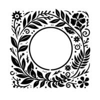 Black and white floral square frame design, circular void, detailed symmetrical botanical pattern, delicate leaves, elegant blooms. vector