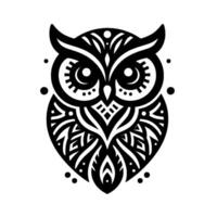 Intricate black and white owl illustration featuring detailed tribalinspired geometric patterns and decorative circular elements on a minimalist background. vector